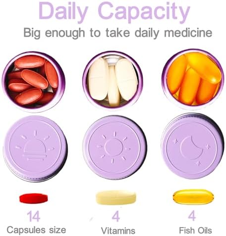 Extra Small Single Pill Box for Purse (3 Pack), Aluminum Screw Top Pill Container, 3 Times a Day Portable Waterproof Single Pill Case for Vitamins, Fish Oils, Supplements (Light Purple)