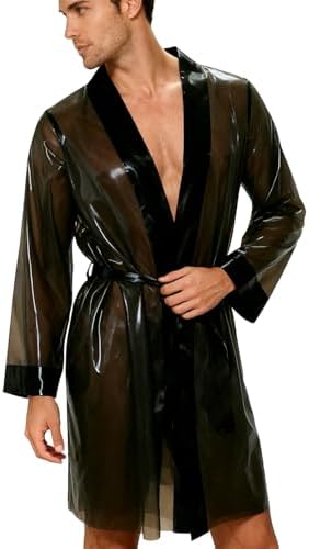 Latex Dress Rubber Night Robe With Tie Lacing,Clear Black Latex Robe for Women Men Costumes Handmade