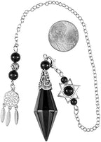 TUMBEELLUWA Reiki Healing Crystal Point Pendulum Dowsing Divination, Reiki Meditation Faceted Stone Pendant with Dream Catcher and Merkaba Star Chain, Black Obsidian
