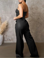 WOKANSE Leather Jumpsuit for Women PU Spaghetti Strap Sleeveless Bodycon Buttons Wide Leg Long Pants Jumpsuit