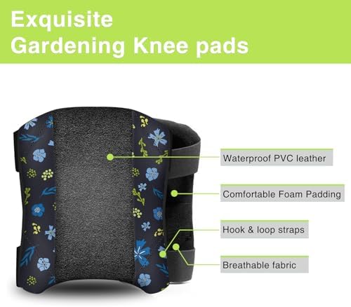 2 Pack Garden Knee Pads for Women, Lightweight Waterproof KneePads for Gardening, Anti Slip Leather Foam Padding Kneeling Pads for Flooring and Carpet Cleaning, House work, Gardening Maintain, Knee Protector, Blue Flower
