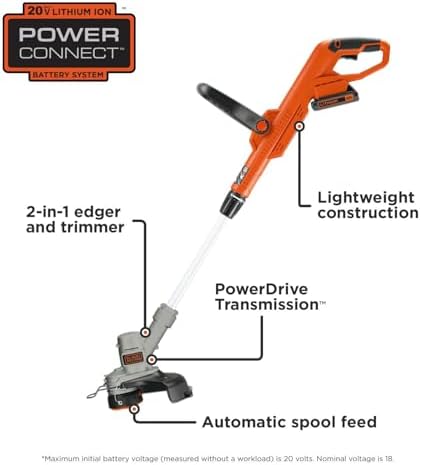 BLACK+DECKER 20V MAX String Trimmer and Edger 2 in 1, Cordless Weed Wacker with Auto Spool Feed, Battery and Charger Included, 12 Inch Steel Deck, Reduced Vibration (LST300)