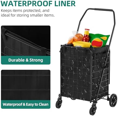 YITAHOME Folding Shopping Cart with Liner, Foldable Grocery Cart with Wheels for Seniors, Portable Collapsible Utility Carts for Shopping, Groceries, Laundry & Storage