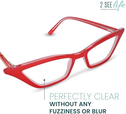 2SeeLife Premium Cat Eye Reading Glasses for Women – Narrow-Medium Fit, Sturdy Frame, Spring Hinges, Stylish Funky Readers, Red, +1.00