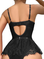 Lilosy Sexy Stocking Rhinestones Heart Garter Underwire Floral Mesh lace Sheer Babydoll Lingerie Teddy Bodysuit Skirt Set