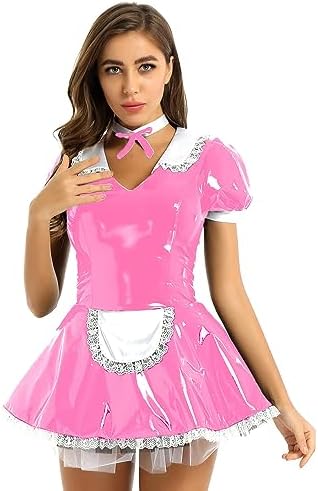 easyforever Women's Wet Look Patent Leather Lace Trim French Maid Fancy Dress Costume Cosplay Outfits