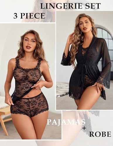 Avidlove Lingerie for Women 3 Piece Lingerie Set Floral Lace Cami Sleepwear with Kimono Robe Pajama Set
