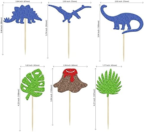 24 Pack Dinosaur Cupcake Toppers Green Palm Leaves Volcano T-Rex Cupcake Picks for Dinosaur Theme Baby Shower Birthday Party Cake Decorations Supplies Blue Glitter