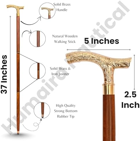 Vintage Brass Walking Stick – Handmade Wooden Cane with Solid Brass Handle – Antique Style Collectible Walking Cane for Men, Women & Seniors – Unique Gift Idea