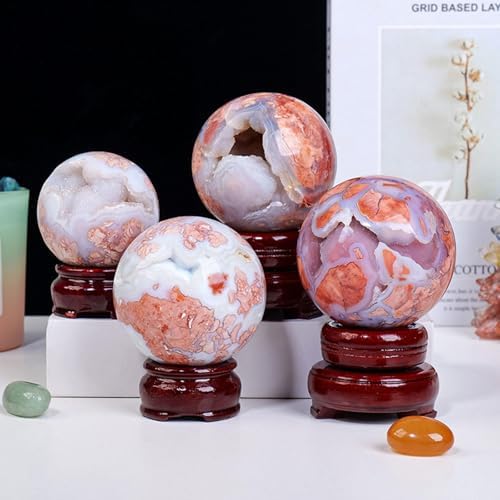 Natural Crystal Ball Pink Purple Cherry Blossom Agate Geode Gemstone Sphere Polished Healing Energy Mineral Balls for Meditation,Yoga,5.5-6cm