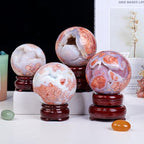 Natural Crystal Ball Pink Purple Cherry Blossom Agate Geode Gemstone Sphere Polished Healing Energy Mineral Balls for Meditation,Yoga,6-6.5cm