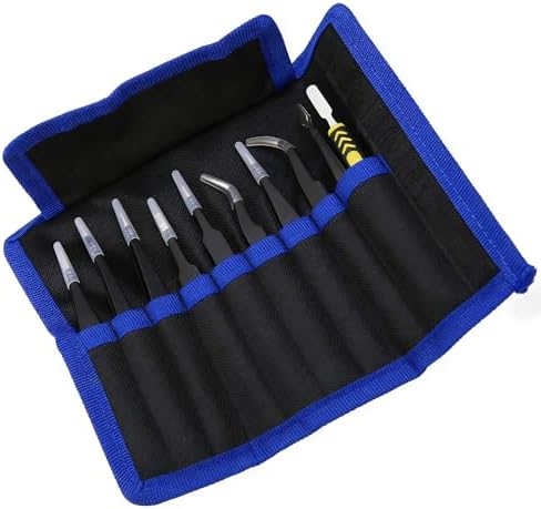 Precision Tweezers Set 10 Piece, ESD Safe Anti-Static Stainless Steel Kit with Case & Pry Tool for Electronics Repair, PCB Soldering, Jewelry Making, Watch Repair, Lab and Craft Work