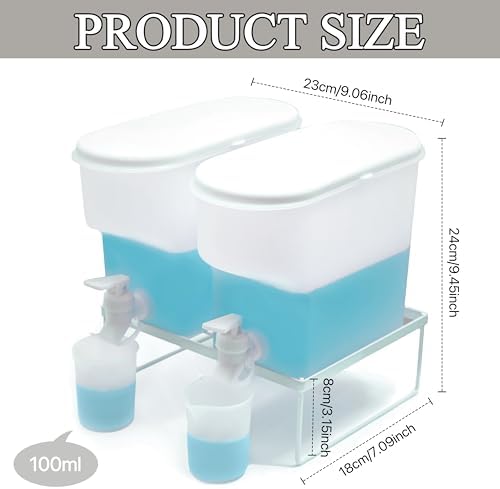 Laundry Detergent Dispenser Set, 100oz (3L) Easy-Pour Leak-Proof Bottles with Spout Plug Caps,Measuring Cups & Stand–2 Refillable Semi-Transparent Soap Containers for Laundry Room Organization