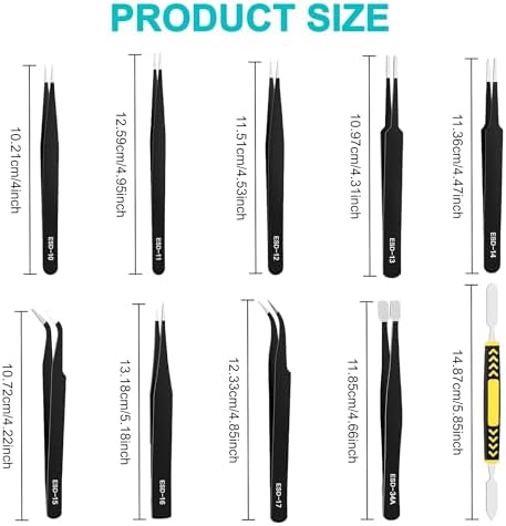Precision Tweezers Set 10 Piece, ESD Safe Anti-Static Stainless Steel Kit with Case & Pry Tool for Electronics Repair, PCB Soldering, Jewelry Making, Watch Repair, Lab and Craft Work