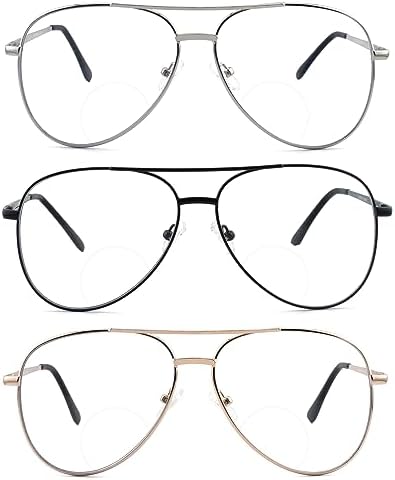 3 Pack Bifocal Reading Glasses for Women Men, Aviator Bi-focal Readers Glasses Dual Focal Eyewear +2.25