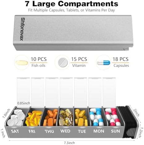 Weekly Metal Pill Organizer, Large Capacity 7 Day Travel Pill Organizer, Easy Open Secure Pill Box for Adults & Seniors, Vitamins & Supplement Case (Silver)