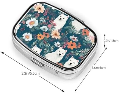 White Dog and Flowers Pill Box Metal Pill Case Portable Travel Pill Organizer for Pocket or Purse Decorative Medicine Box Vitamin Container