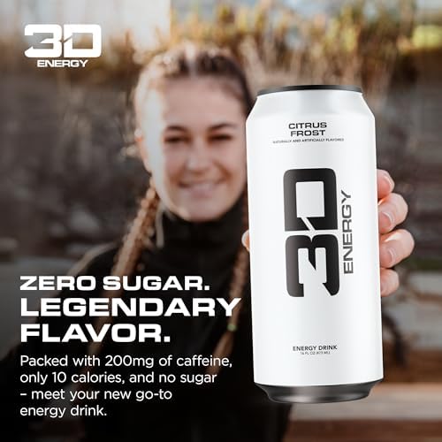3D Energy Drink – Sugar Free, 200mg Caffeine, Pre Workout, Taurine, L-Carnitine, Lightly Carbonated, 16oz Cans, 12 Pack - Citrus Frost