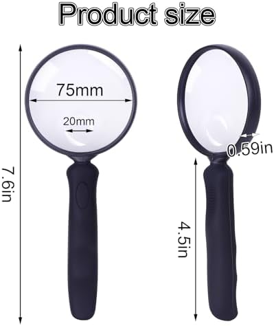 Lakei Magnifying Glass 10X Handheld Reading Magnifying Glass, 75mm Shatter Resistant Lens, Non-Slip Rubber Handle, Suitable for Elderly Reading, Natural Exploration and Science Hobby(Black)
