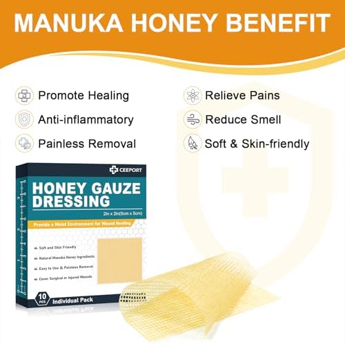 Manuka Honey Gauze Wound Dressing 2" x 2",10 Pack Manuka Honey Wound Care Pads, Medical Grade Honey Bandages for Wound Care, Honey Patch for Faster Healing from Burns,Abrasions,Cuts and Scalds