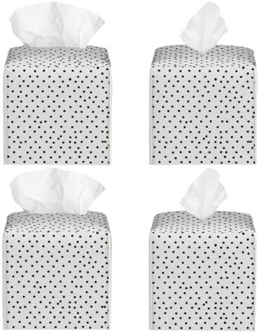 Tissue Box Cover PU Leather Square Tissues Holder Black Polka Dots On White Decorative Facial Paper Organizer Dispenser for Bedroom Bathroom Vanity,Home Office Car