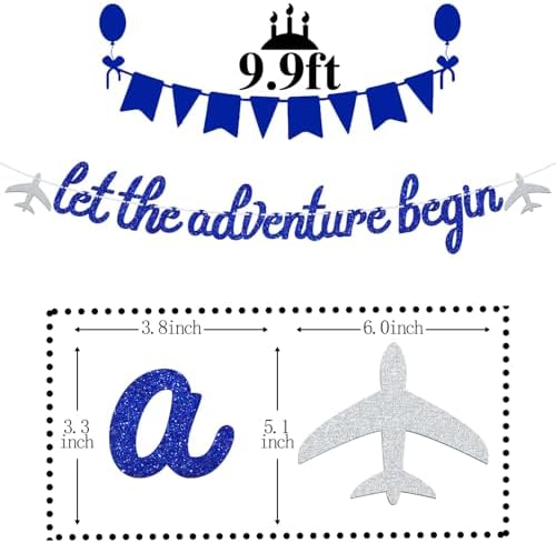 Let The Adventure Begin Banner - Congrats Grad Bunting Sign - Graduation/Retirement/Bon Voyage/Baby Shower/Moving Party/Travel Theme Party Decorations, Blue Glitter