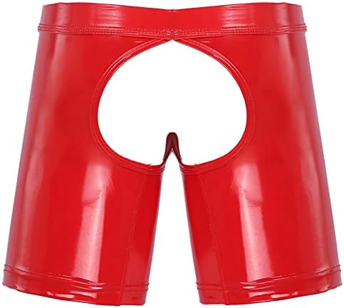 Hedmy Men's Latex PVC Faux Leather Short Pants Solid Buckled Open Crotch Boxer Shorts Hot Pants