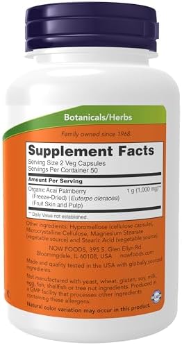 NOW Foods Supplements, Acai 500 mg, Freeze-Dried Super Fruit with Polyphenols, Ellagic Acid, Rutin, Anthocyanins and Catechins, 100 Veg Capsules