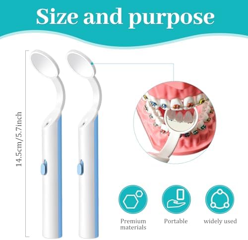 2 Pieces Dental Mirror with Light - LED Lighted Teeth Inspection Mirror, Anti Fog Curve Angle Mouth Mirrors Dentist Oral Assistant Care Tool Accessories (Light Blue)