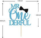 Mr Onederful Boy 1st Birthday Cake Topper, Baby Boy One Year Old Birthday Party Decor, Blue Glitter