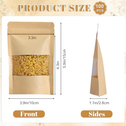 WSICSE 100 Pcs Kraft Paper Stand Up Pouch Bags with Window, Resealable Self-sealing Tear Notch Food Storage Bags for Small Business Home Easter Use (4" x 6")
