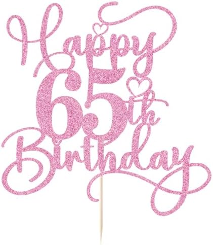 Pink Happy 65th Birthday Cake Topper 1pcs Glitter Cake Topper for Sixty-five Birthday/Anniversary Theme Party Cake Decorations Supplies