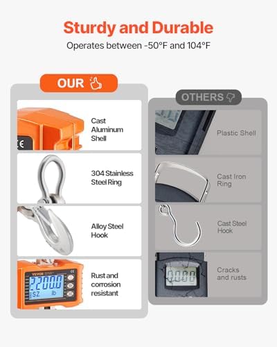 VEVOR Digital Crane Scale, 2200 lbs/1000 kg, Industrial Heavy Duty Hanging Scale with Remote Control, Cast Aluminum Case & LCD Screen, High Precision for Construction, Factory, Farm, Hunting (Orange)