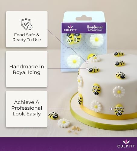 Culpitt Bee & Daisy Sugar Piping's, Hand Made Royal Icing Sugar Decorations for Easter, Mothers Day, Gender Reveal - Pack of 12
