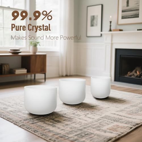 CVNC 432HZ 6"A Third-eye, 7"C Root, 8"F Heart Frosted Quartz Crystal Singing Bowl Chakra Set of 3 with Carry Case Bag for Sound Healing and Meditation