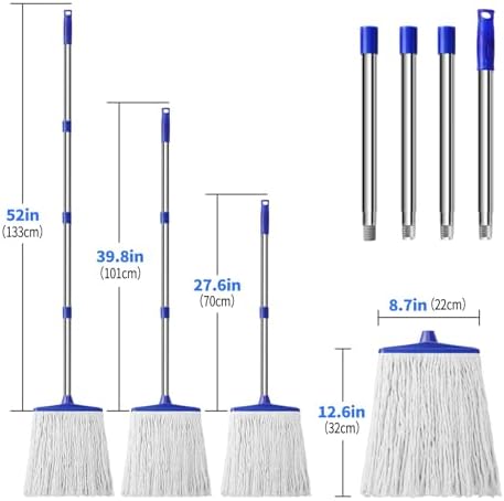 Indoor Cotton Mops for Floor Cleaning - Indoor Cleaning Mop for Wood Floors, Tile, Hardwood Floor, 52" Adjustable Stainless Steel Handle Mops to Clean Living Room, Kitchen,Bathroom. (White Blue)