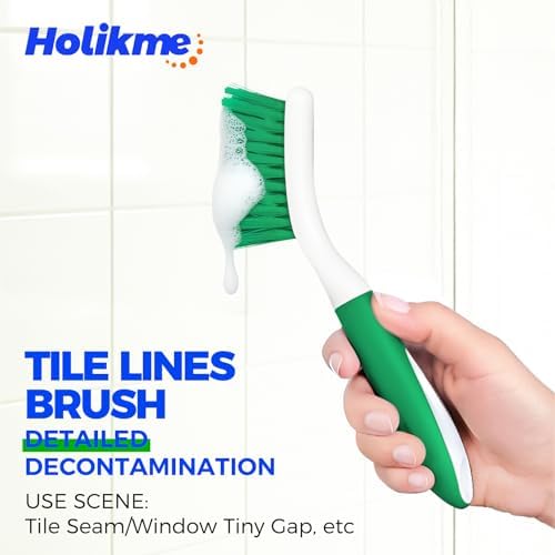 Holikme Cleaning Brush Set for Household Use, Scrub Brush, Kitchen Brush, Tile Lines Brush for Bathroom, Floor, Tub, Shower and Kitchen Surface (Green)