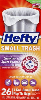 Hefty Small Trash Bags, Flap Tie, Lavender & Sweet Vanilla Scent, 4 Gallon, 26 Count