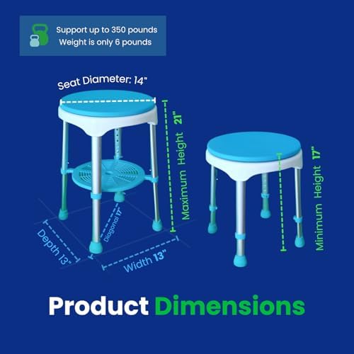 Healthline Round Bath Stool Shower Chair, Compact Shower Stool and Bench 350 Lbs - Small Bathtub Stool Chair for Shower, Non-Slip Seat, 360 Degree Rotating Padded Seat, Adjustable Height
