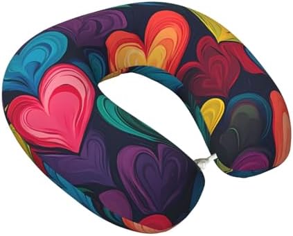 Colorful Love Hearts Memory Foam Travel Pillow, Soft U-Shaped Neck Support with Washable Cover and Adjustable Snap for Travel & Rest