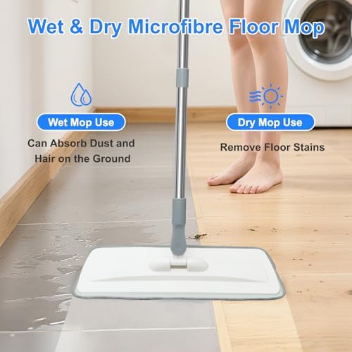 Microfiber Mop for Cleaning Floors,55 Inch Extendable Flat Mop with 4 Reusable Washable Pads, 1 hook, 1 wall piece, and 1 scraper, Wet Dry and Dust Mops for Bathroom Kitchen, Floor,Ceramic Tiles