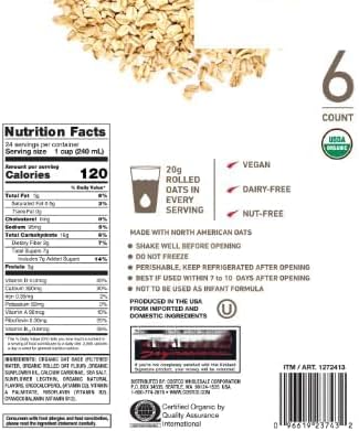 6-count Generic Signature, Organic Non-Dairy Oat Beverage, 32 oz, 6-count, 100% Vegan, Non GMO, Kosher, Made with Super Tasty Rolled oats, 20g Rolled Oats in Every Serving-BY LOS