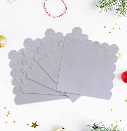 HEIPINIUYE 50 Pieces 2-ply Silver Paper Napkins Disposable Scalloped Cocktail Napkins Beverage Napkin for Wedding Birthday Christmas Party Paper Dinner Napkin