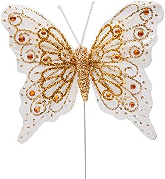 Set of 12 Glitter Monarch Feather Butterflies on Wire for Floral Arrangements and DIY Decorations (Gold)