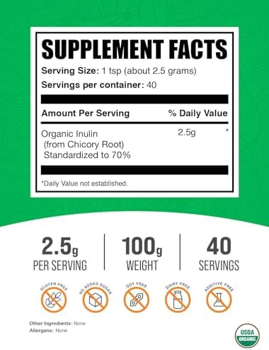 BulkSupplements.com Organic Inulin Powder - Inulin Supplement, Soluble Fiber Powder - Vegan & Gluten Free - 2.5g per Serving, 100g (3.5 oz) (Pack of 1)