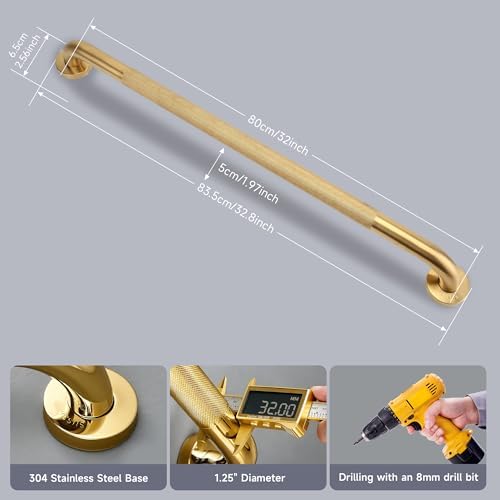 36 Inch Shower Grab Bar 1.25" Dia, Gold Anti Slip Bathroom Grab Bar, 304 Stainless Steel Knurled Handicap Grab Bars, Safety Support Handrail, Assist Bath Shower Handle for Elderly Injury Senior