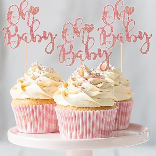 12 Pcs Oh Baby Cupcake Toppers, Pink Glitter Cake Topper for Baby Shower Party Cake Decoration Kids Birthday Party Cake Decorations Supplies