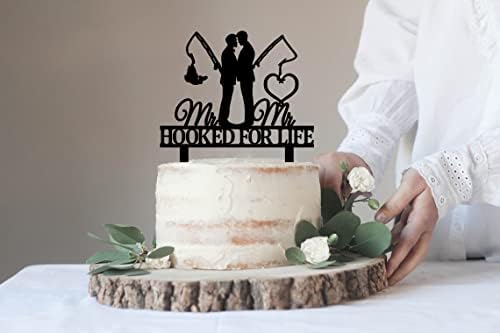 Gay Wedding Cake Topper - HOOKED FOR LIFE - Funny Fishing Gay Wedding Cake Topper, Mr & Mr Wedding Cake Topper (Fishing Gay)