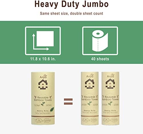 ANJIA® Jumbo Roll 40 Sheets/Roll Heavy Duty Reusable Bamboo Rayon Towels Great as Kitchen Towels, Dish Towels, Cleaning Rags, Shop Towels, and Swedish Dishcloths - Replacement of Paper Towels Bulk