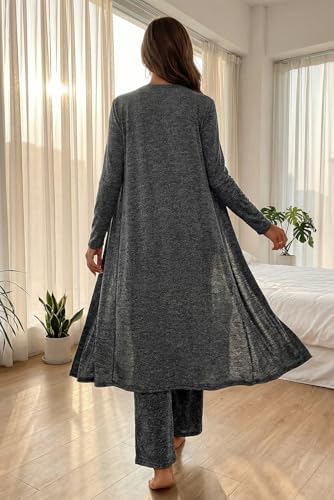 Opemiby Womens Pajamas Set Knitted T Shirt and Pants Lounge Set with Cardigan 3 Pieces Sleepwear Pjs Sets Loungewear